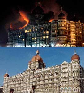 File photos of Mumbai's Taj Mahal Palace Hotel in November 2004 (bottom) and on November 26, 2008 (top) as fire engulfs the top floor after a shootout with terrorists. (AFP PHOTO / PAL PILLAI (top) | AFP PHOTO/Getty Images/SEBASTIAN D'SOUZA (bottom))