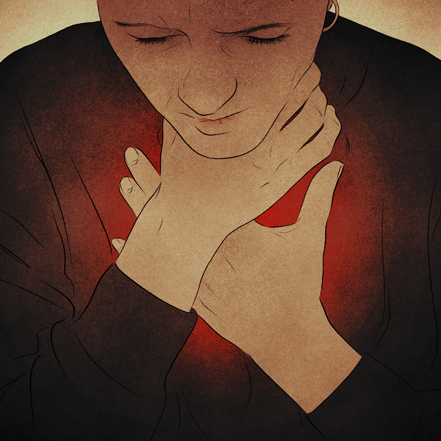 A person holds their throat with one hand and their chest with the other hand. Redness emanates from their chest.
