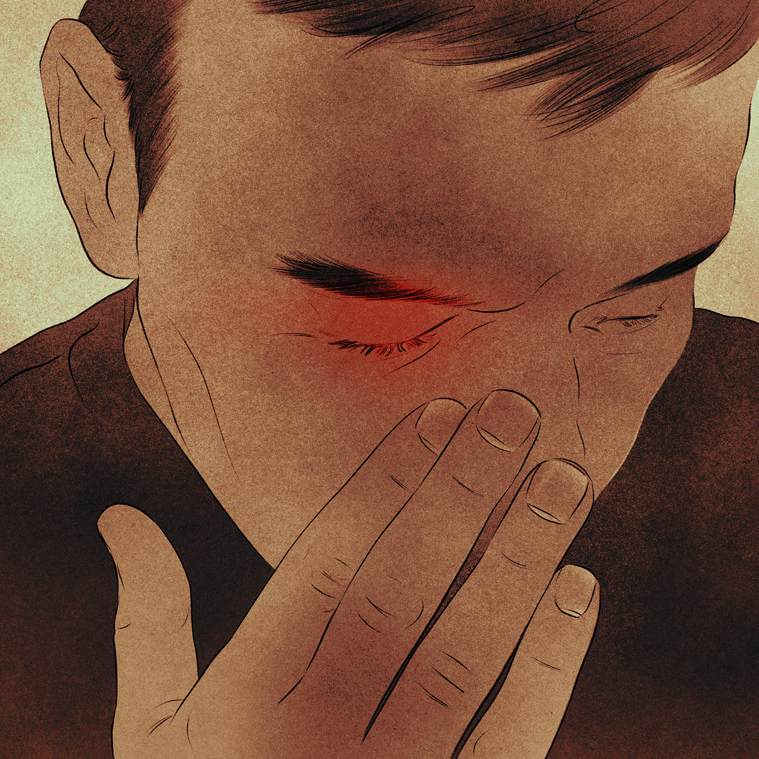 A person reaches with one hand toward their eye, which is red.